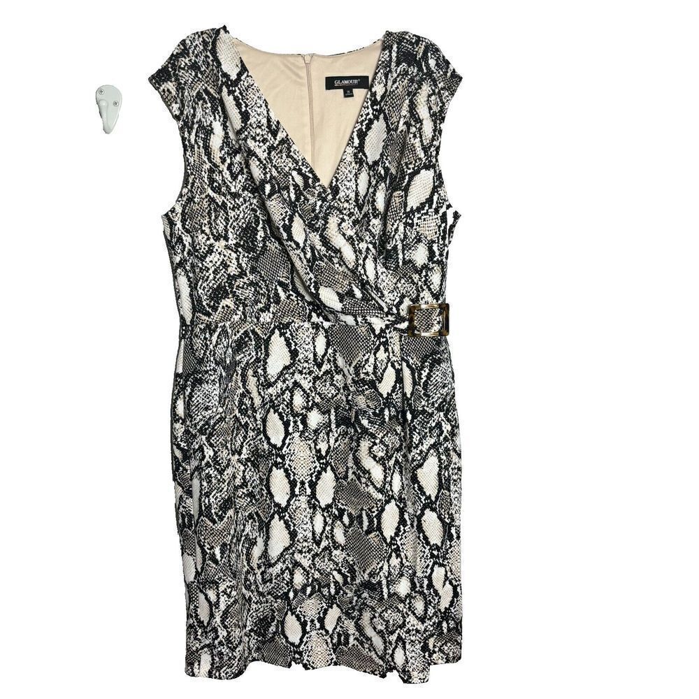 Glamour Womens Size 14‎ Black White Snake Print Surplice Neck Pencil Dress